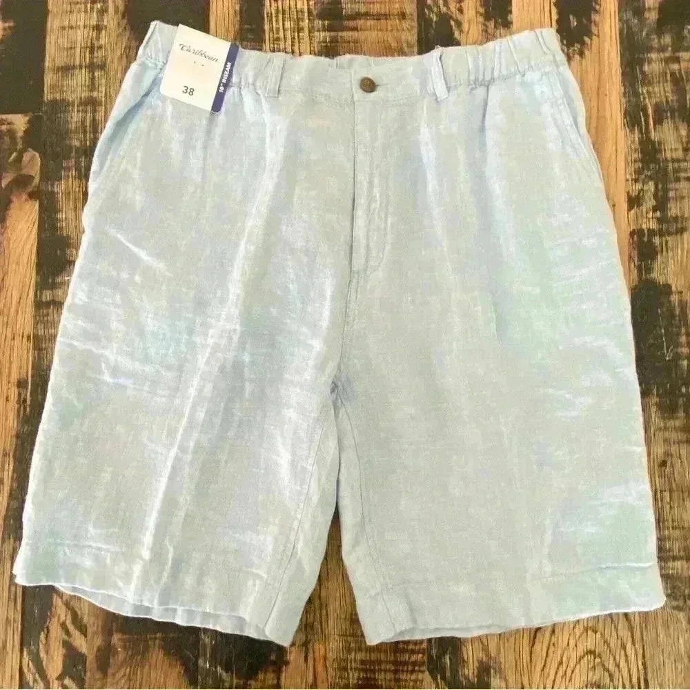 CARIBBEAN Linen Shorts Light Blue NWT 38” X 10”